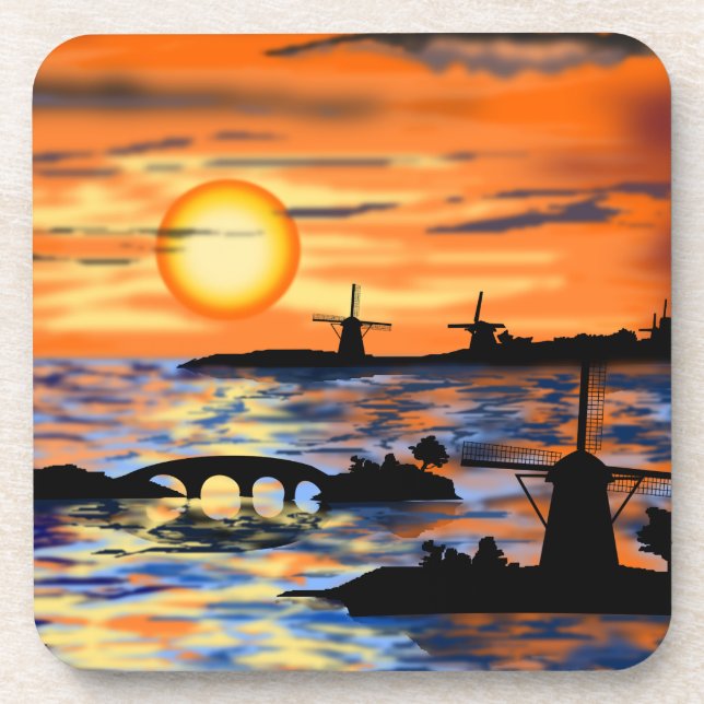 Sea Sunrise Landscape Untersetzer Windmühlen (Vorderseite)