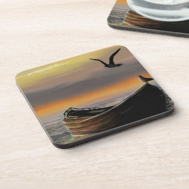 Sea Sunset Boot Seagull Flying Beverage Coaster Getränkeuntersetzer (Linke Seite)