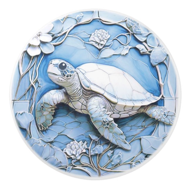 Sea Turtle Art Nouveau Imitats Relief Blue Ocean L Keramikknauf (Vorderseite)