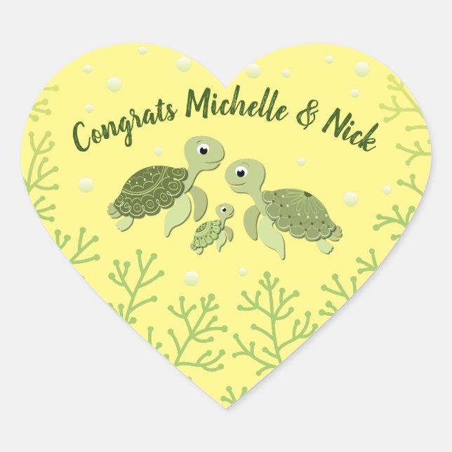 Sea Turtle Baby Dusche Gelb Herz-Aufkleber (Vorderseite)