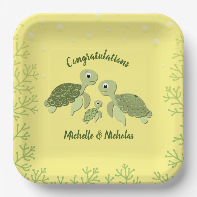 Sea Turtle Baby Dusche Gelborange Teller 9" v2 (Vorderseite)