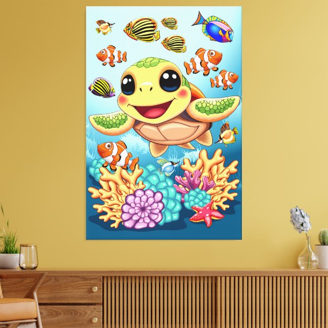 Sea Turtle Baby Happy and Süße Figur Leinwanddruck (Insitu (Wohnzimmer))