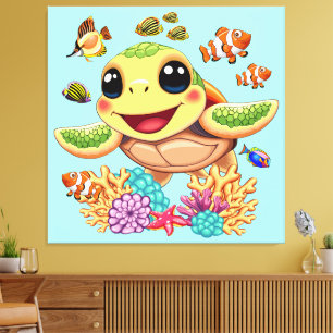 Sea Turtle Baby Happy and Süße Figur Leinwanddruck