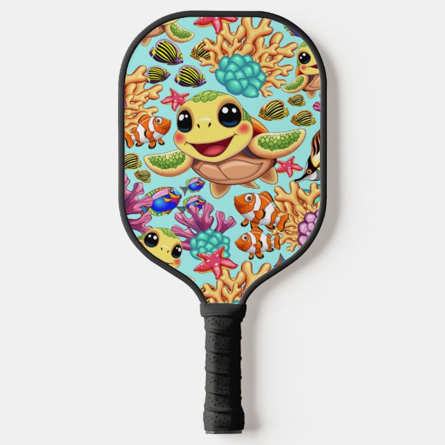 Sea Turtle Baby Happy and Süße Figur Pickleball Schläger (Vorderseite)