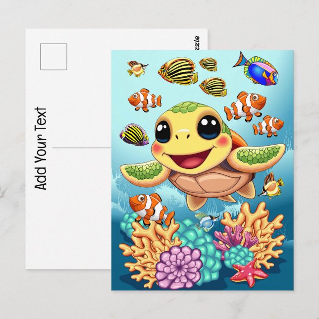 Sea Turtle Baby Happy and Süße Figur Postkarte (Vorne/Hinten)