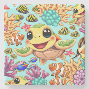 Sea Turtle Baby Happy and Süße Figur Steinuntersetzer