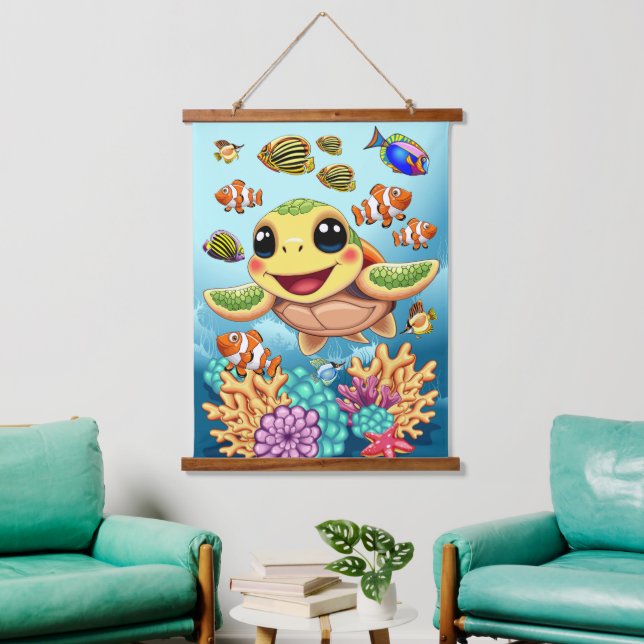 Sea Turtle Baby Happy and Süße Figur Wandteppich Mit Holzrahmen (Wohnzimmer)