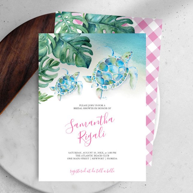 Sea Turtle Baby Shower Einladungen Mädchen (Baby shower invitations girl pink gingham tropical sea turtle art Victoria Grigaliunas DoTellABelle)