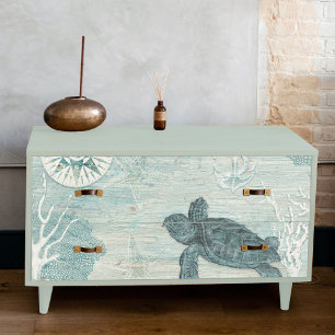 Sea Turtle Beach Blue White Coral Holz Decoupage Seidenpapier