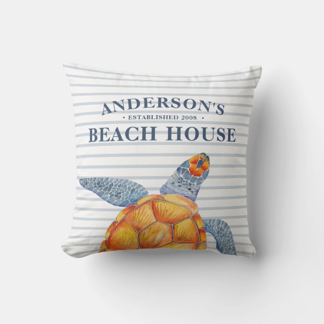 Sea Turtle Beach House Streifen Außenkissen Kissen (Vorderseite)