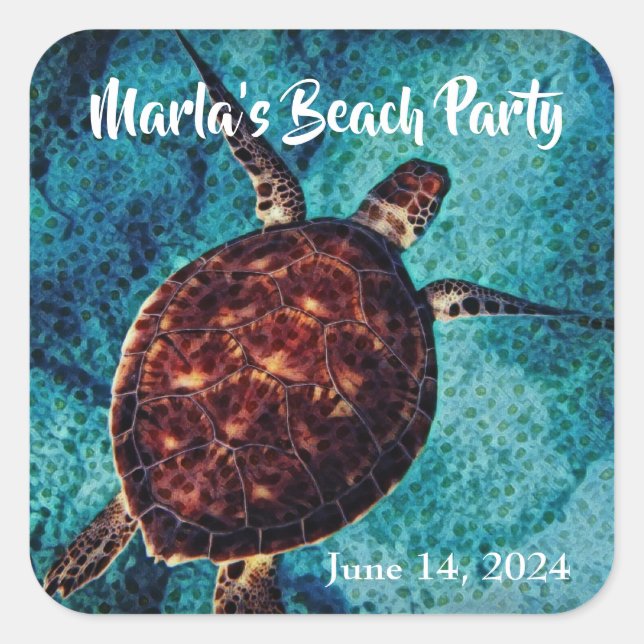 Sea Turtle Beach Partys Quadratischer Aufkleber (Vorderseite)