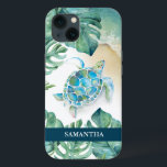 Sea Turtle Beachy Custom Phone Case<br><div class="desc">Dieses individuell gestaltete Telefongehäuse verfügt über eine Aquarellschildkröte,  eine Küstenlinie und tropische Monstera-Palmen-Blätter. Personalisieren Sie Ihren Namen in Weiß über einen marineblauen Hintergrund. Kunst und Design von Victoria Grigaliunas. Weitere Fälle von Meereslebewesen und Strandtelefonen wie dieser finden Sie unter www.zazzle.com/dotellabelle</div>