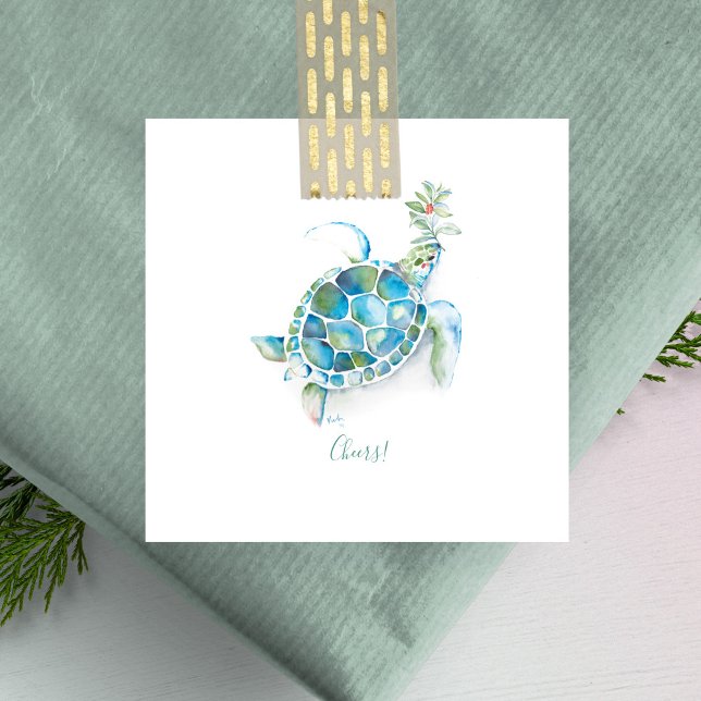 Sea Turtle Beachy Mini Weihnachten Mitteilungskarte (Sea turtle Christmas note cards  watercolor art by Victoria Grigaliunas)