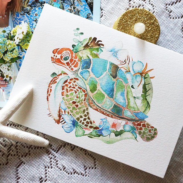 Sea Turtle, Blue Aqua Hibiskus Banana Leaf Kranz Karte (Blank Notecard with a Watercolor Sea Turtle and Tropical Leaves in Sea Blue and Green)