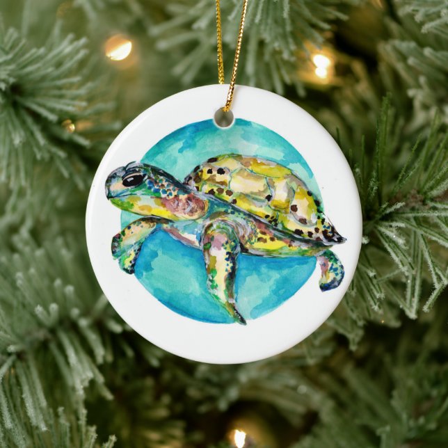 Sea Turtle Blue Circle Watercolor Keramik Ornament (Baum)