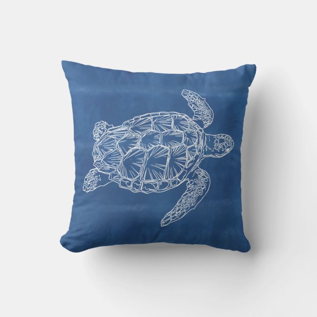 Sea Turtle Blue White Outdoor Pillow Kissen (Vorderseite)