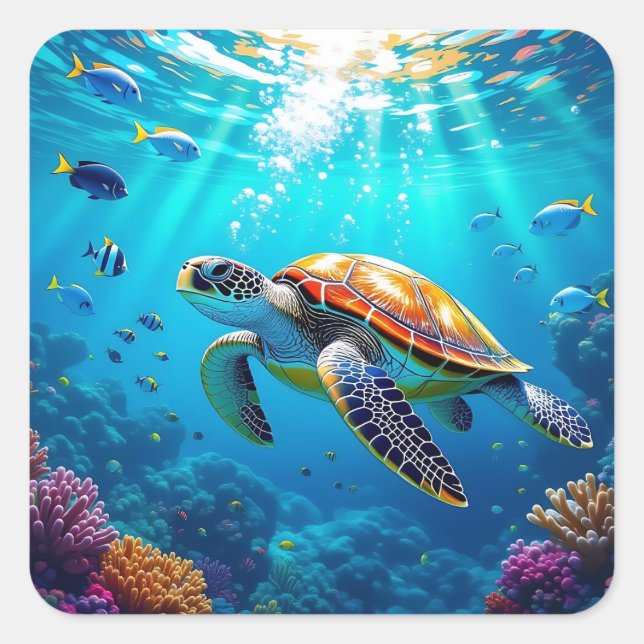 Sea Turtle Colorful Underwater Scene   Quadratischer Aufkleber (Vorderseite)
