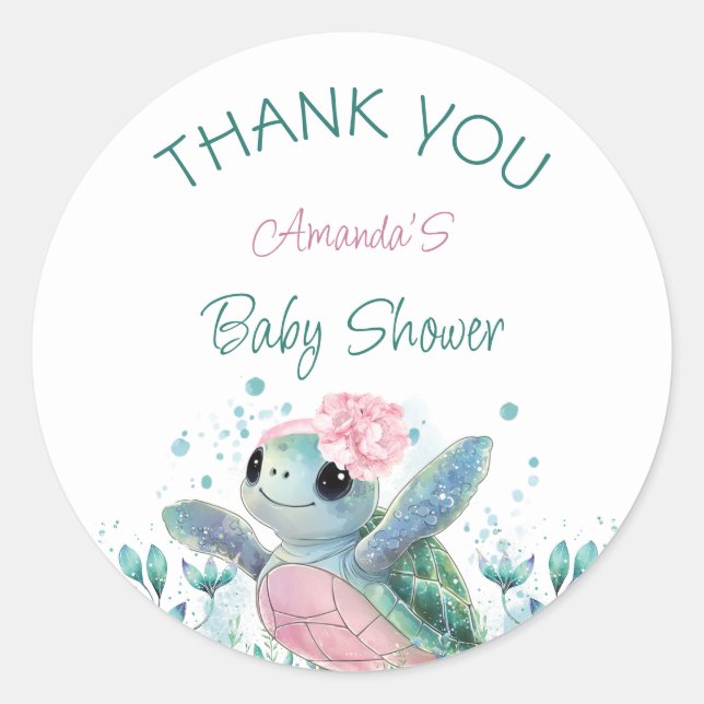 Sea Turtle Girl Baby Dusche Vielen Dank Runder Aufkleber (Vorderseite)
