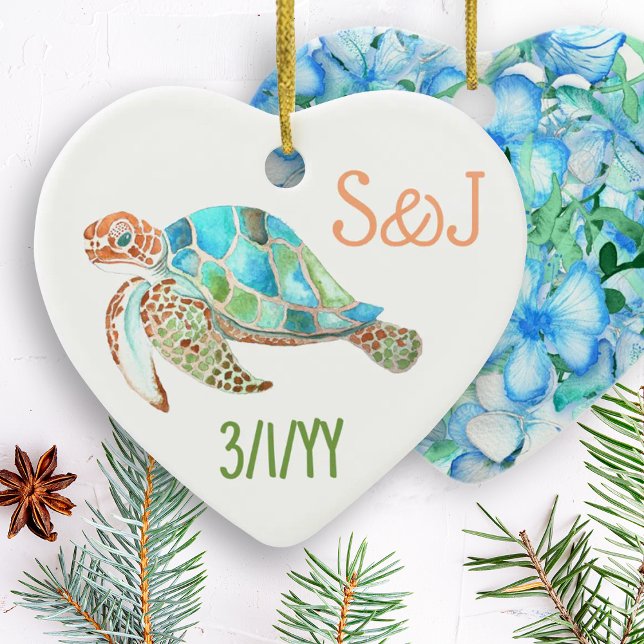 Sea Turtle Heart, Monogram Christmas Keramik Ornament (sea turtle christmas ornament, personalized tree ornament, hearth-shaped hawaiian ornament gift)