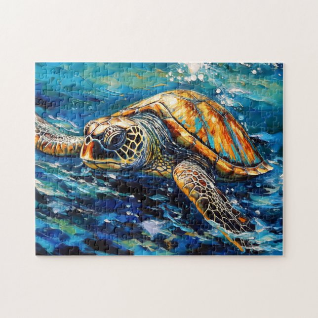 Sea Turtle in Expressive Oil Brushwork (Horizontal)
