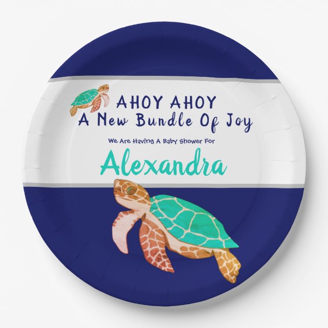 Sea Turtle Navy Blue Nautical Boy Baby Pappteller (Vorderseite)