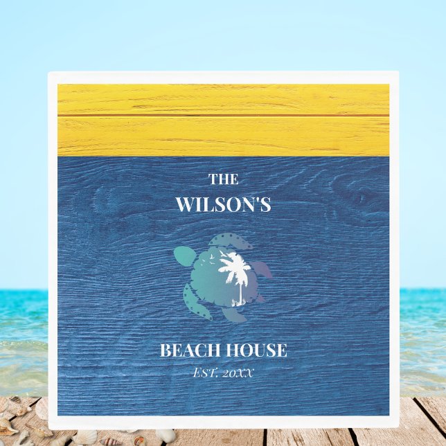Sea Turtle Navy Blue Wood Family Name Beach House Serviette (Von Creator hochgeladen)