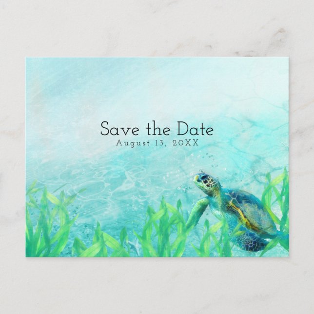 Sea Turtle Ocean Beach Art Hochzeit retten Datum Ankündigungspostkarte (Vorderseite)