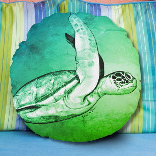 Sea Turtle Original Kunst Runde  Rundes Kissen