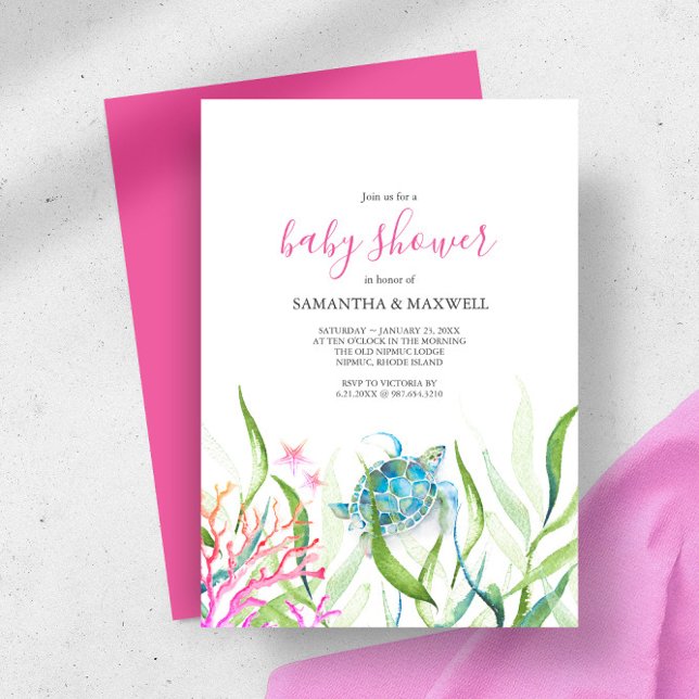 Sea Turtle Pink und Green Baby Dusche Einladung (girl baby shower invitations watercolor sea turtle starfish coral and sea botanicals )