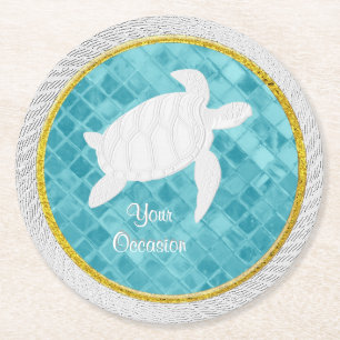 Sea Turtle Rope Aqua Sea Glass Patches Runder Pappuntersetzer