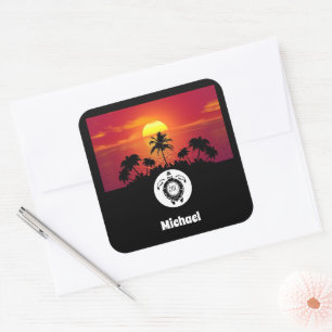 Sea Turtle Silhouette Monogramm Name Tag Foto Quadratischer Aufkleber