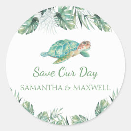 Sea Turtle Tropical Blätter Hochzeitsklasse Wasser Runder Aufkleber