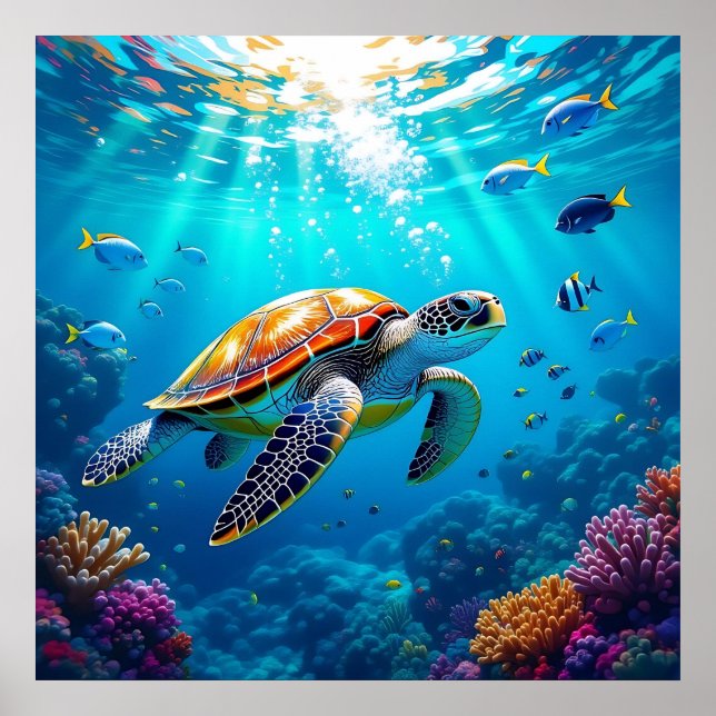 Sea Turtle Vibrant Colorful Underwater Scene Poster (Vorne)