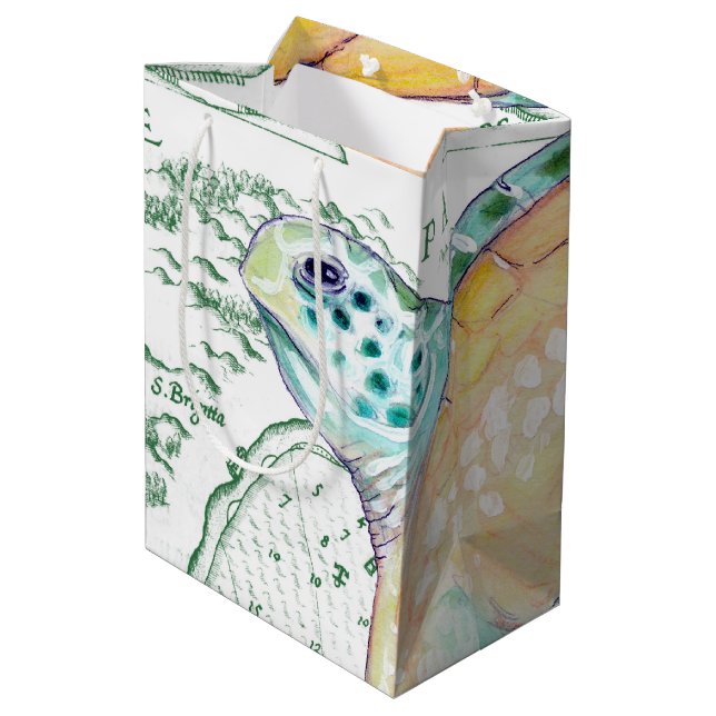 Sea Turtle Vintag Map white Mittlere Geschenktüte (Rückseite Schrägansicht)