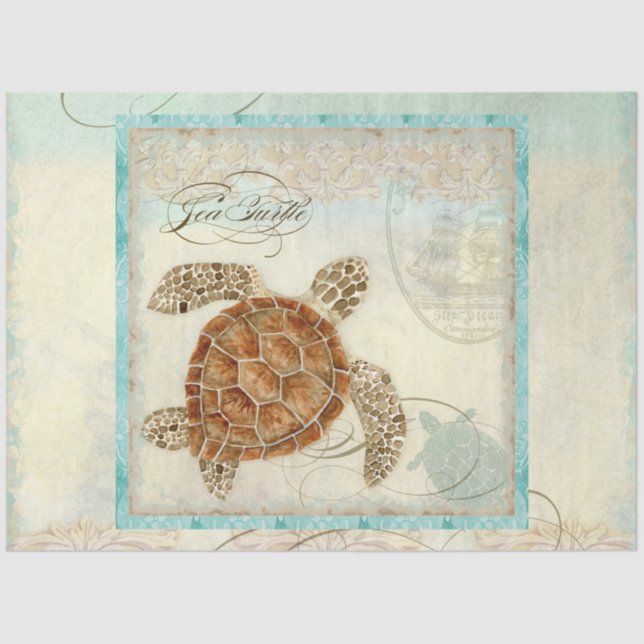 Sea Turtle Watercolor Ephemera Script Decoupage Seidenpapier (Vorderseite)