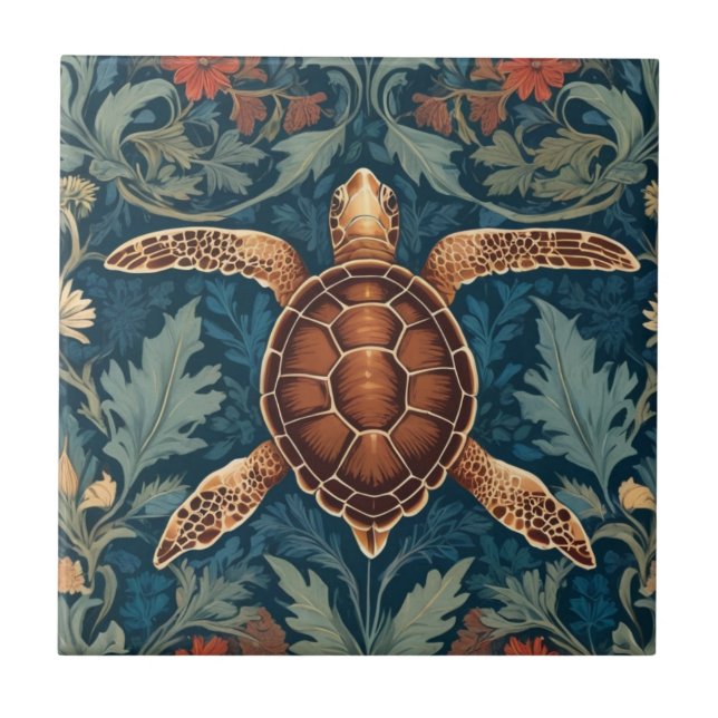Sea Turtle William Morris Stil Fliese (Vorderseite)