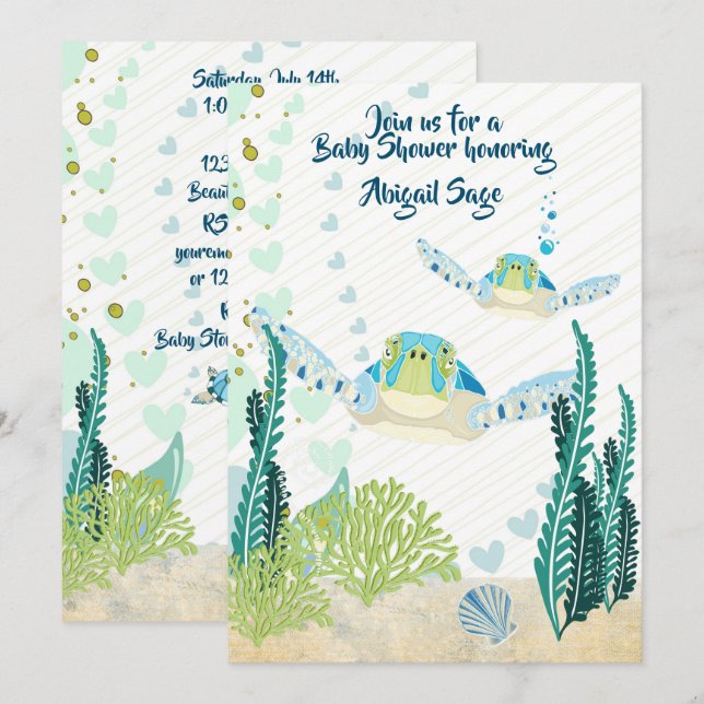 Sea Turtles and Hearts Beach Baby Dusche Einladung (Vorne/Hinten)