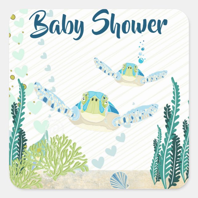 Sea Turtles and Hearts Beach Baby Dusche Quadratischer Aufkleber (Vorderseite)