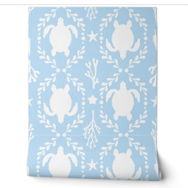 Sea Turtles and Starfish White and Light Blue Tapete
