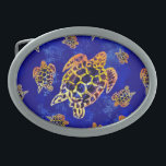 Sea Turtles Batik African Art Ovale Gürtelschnalle<br><div class="desc">Afrikanische Batik Stil Wiederholung Muster Sea Schildkröten. Wax Fabric abstraktes Design erstellt auf Digital Art. Copyright BluedarkArt TheChameleonArt.</div>