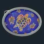 Sea Turtles Batik African Art Ovale Gürtelschnalle<br><div class="desc">Afrikanische Batik Stil Wiederholung Muster Sea Schildkröten. Wax Fabric abstraktes Design erstellt auf Digital Art. Copyright BluedarkArt TheChameleonArt.</div>