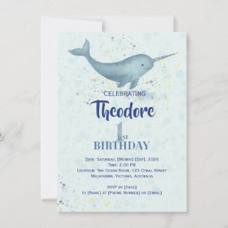 Sea Unicorn Narwal Aquarell 1. Geburtstag Einladung