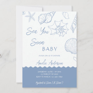 Sea You Soon Coastal Shells Blue Baby Shower Einladung
