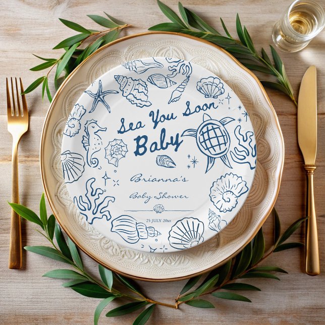 Sea you soon seashells beach boy baby shower pappteller (Sea you soon seashells beach boy baby shower personalized paper plates hand drawn sea creatures)