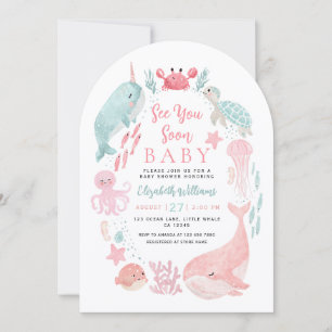 Sea You Soon Süße Meerestiere Mädchen Baby Shower Einladung