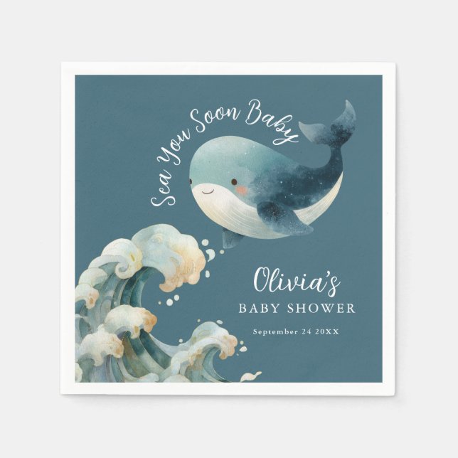 Sea You Soon Whale Ocean Turquoise Baby Shower Serviette (Vorderseite)