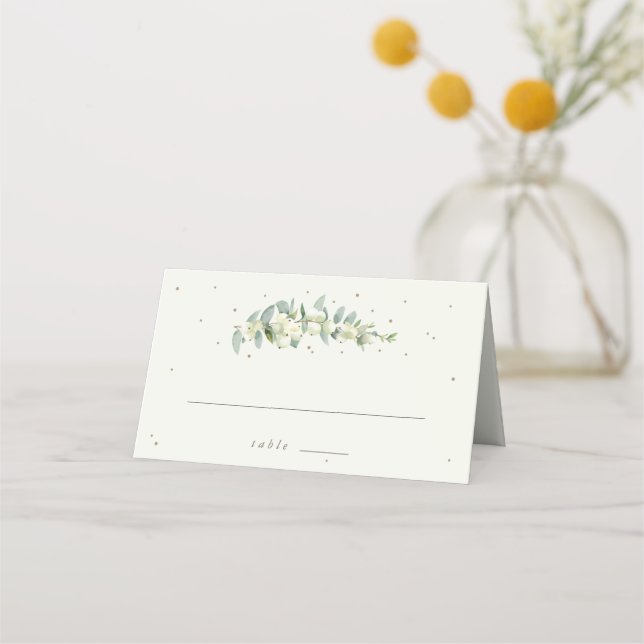 Seafoam Green/Cream Snowberry+Eukalyptus Wedding Platzkarte (Vorderseite)