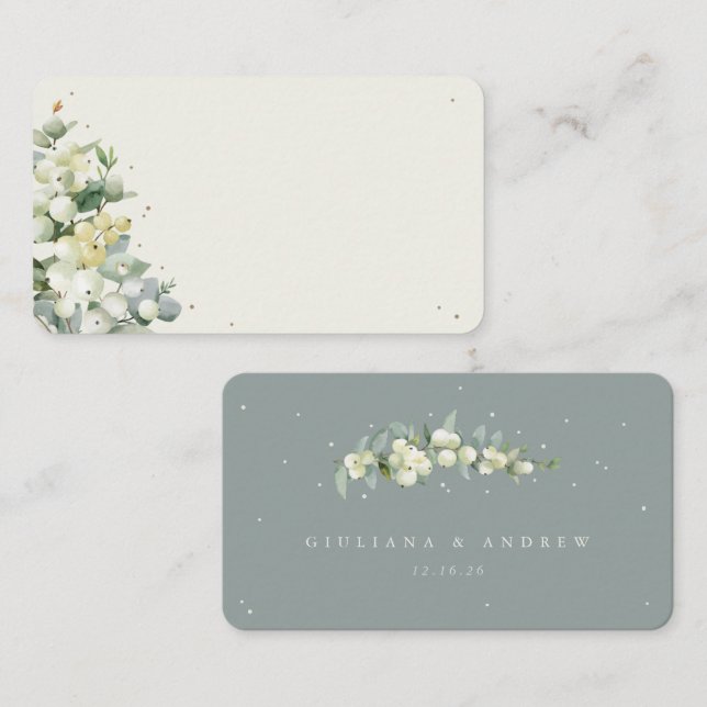 Seafoam Green/Cream Snowberry+Eukalyptus Wedding Platzkarte (Vorne/Hinten)