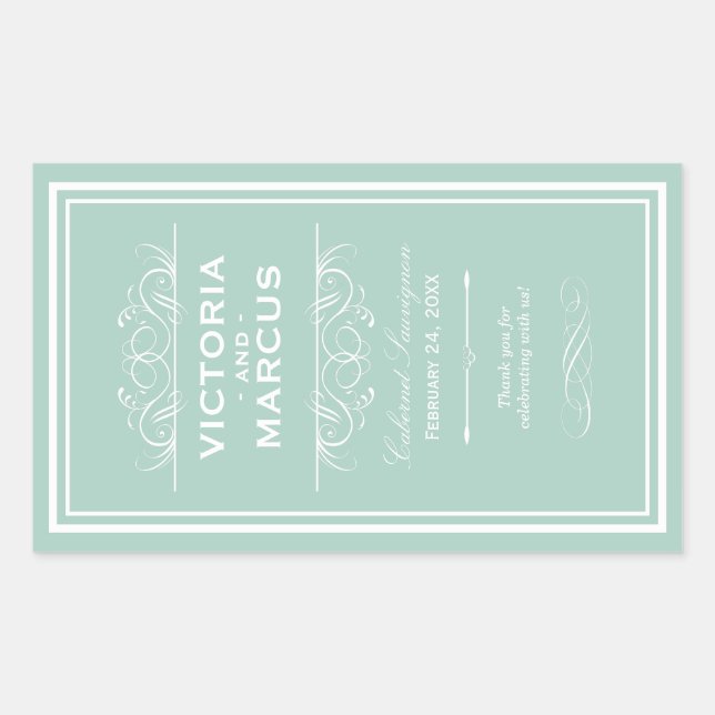 Seafoam Green Elegante Wedding Monogram Wine Flasc Rechteckiger Aufkleber (Vorderseite)