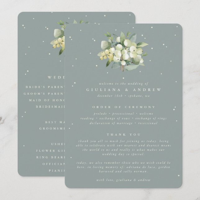 Seafoam Green Snowberry+Eucalyptus Bouquet Wedding Programm (Vorne/Hinten)